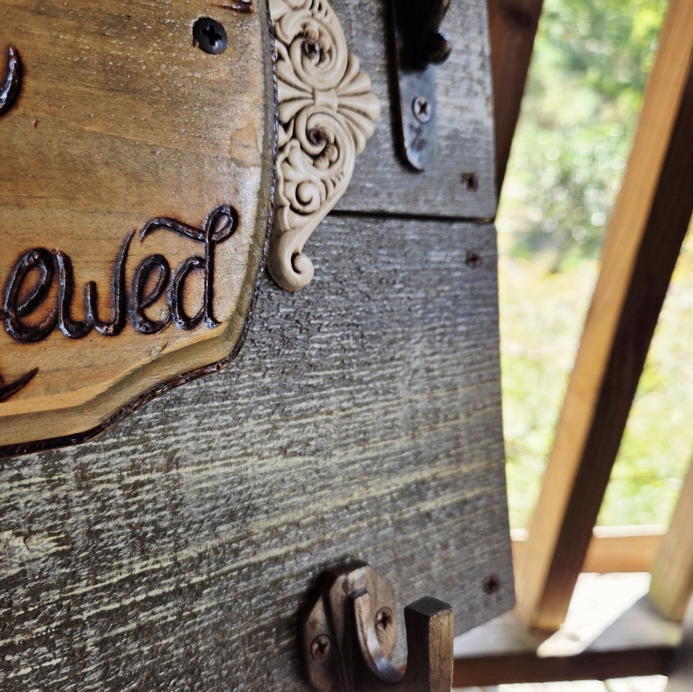 Handmade Rustic Coffee Bar Wall Decor With Hooks Along Bottom & Live Edge Shelf! - Picture 8 of 16